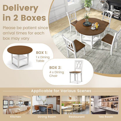 Modern 5 Piece Round Dining Set with Drop Leaf Table and Storage Shelves