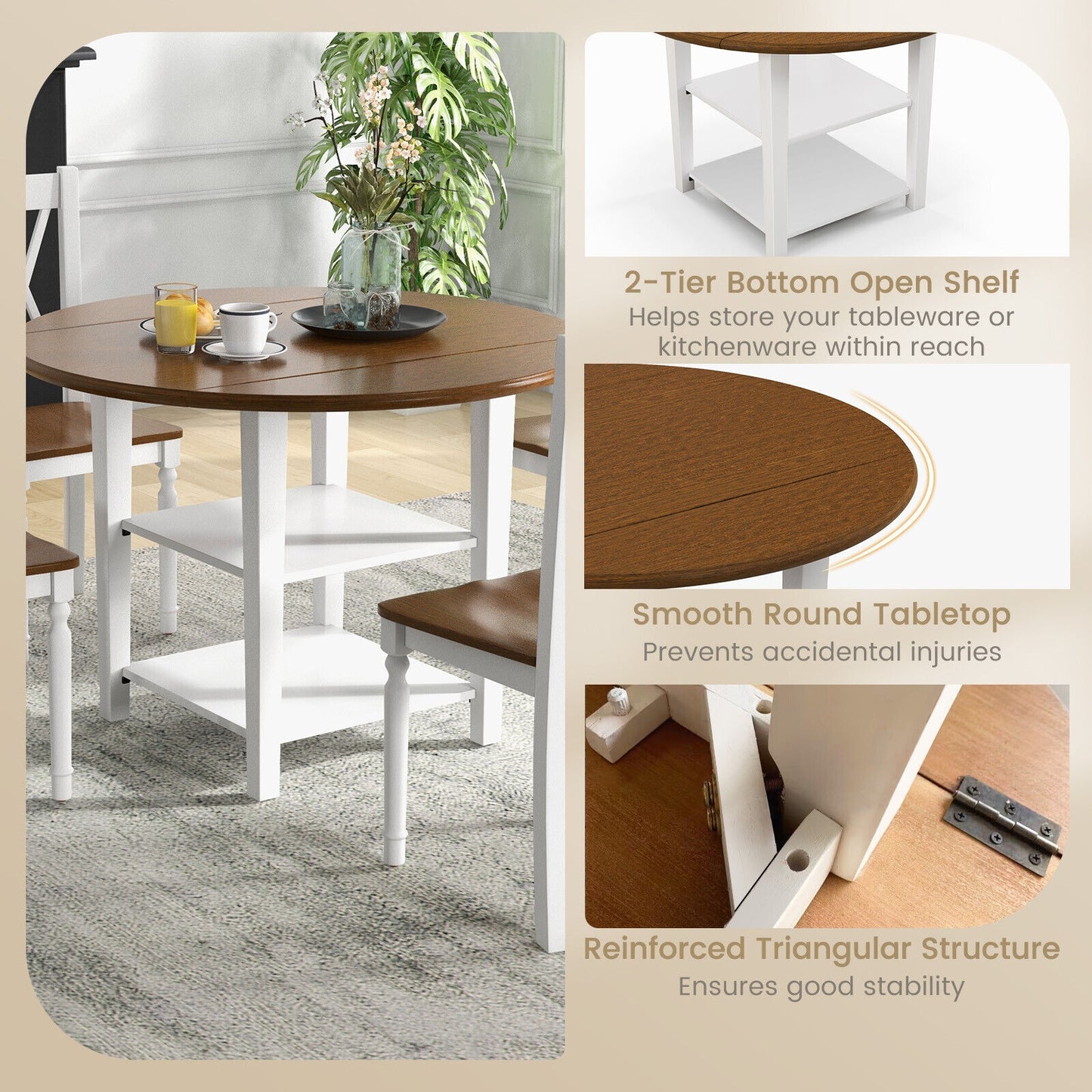 Modern 5 Piece Round Dining Set with Drop Leaf Table and Storage Shelves