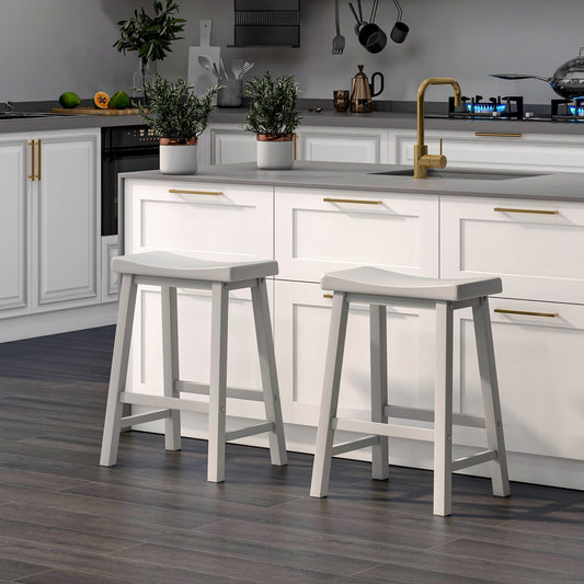 24 Inch Wooden Counter Stools Set of 2 with Curved Grey Seats and Footrests