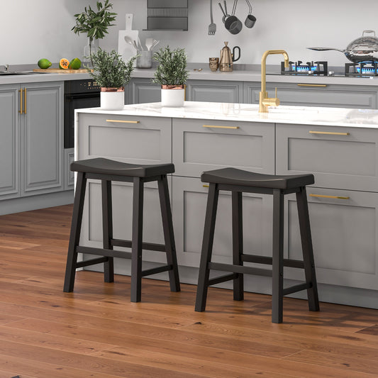 24 Inch Wooden Counter Stools Set of 2 with Curved Black Seats and Footrests