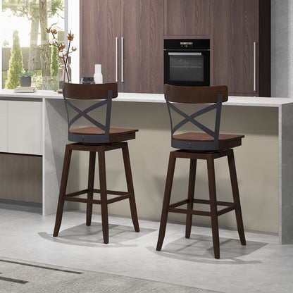 Set of 2 29 Inch Wooden Swivel Bar Stools with X-Back Design and Built-In Footrest