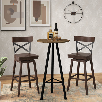 Set of 2 29 Inch Wooden Swivel Bar Stools with X-Back Design and Built-In Footrest