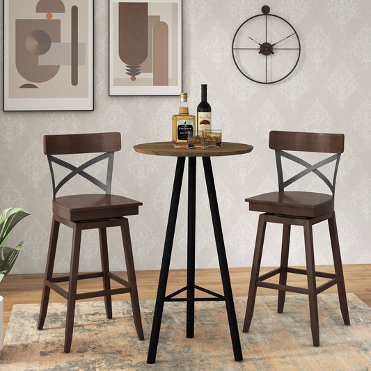 Set of 2 29 Inch Wooden Swivel Bar Stools with X-Back Design and Built-In Footrest