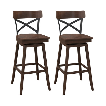 Set of 2 29 Inch Wooden Swivel Bar Stools with X-Back Design and Built-In Footrest