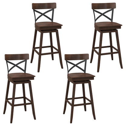 Set of 2 29 Inch Wooden Swivel Bar Stools with X-Back Design and Built-In Footrest