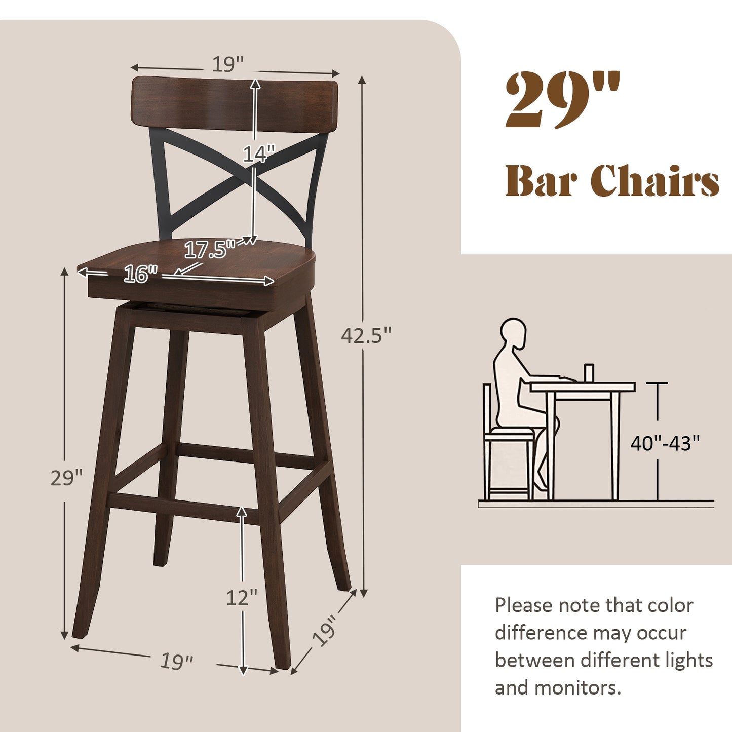 Set of 2 29 Inch Wooden Swivel Bar Stools with X-Back Design and Built-In Footrest