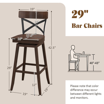 Set of 2 29 Inch Wooden Swivel Bar Stools with X-Back Design and Built-In Footrest