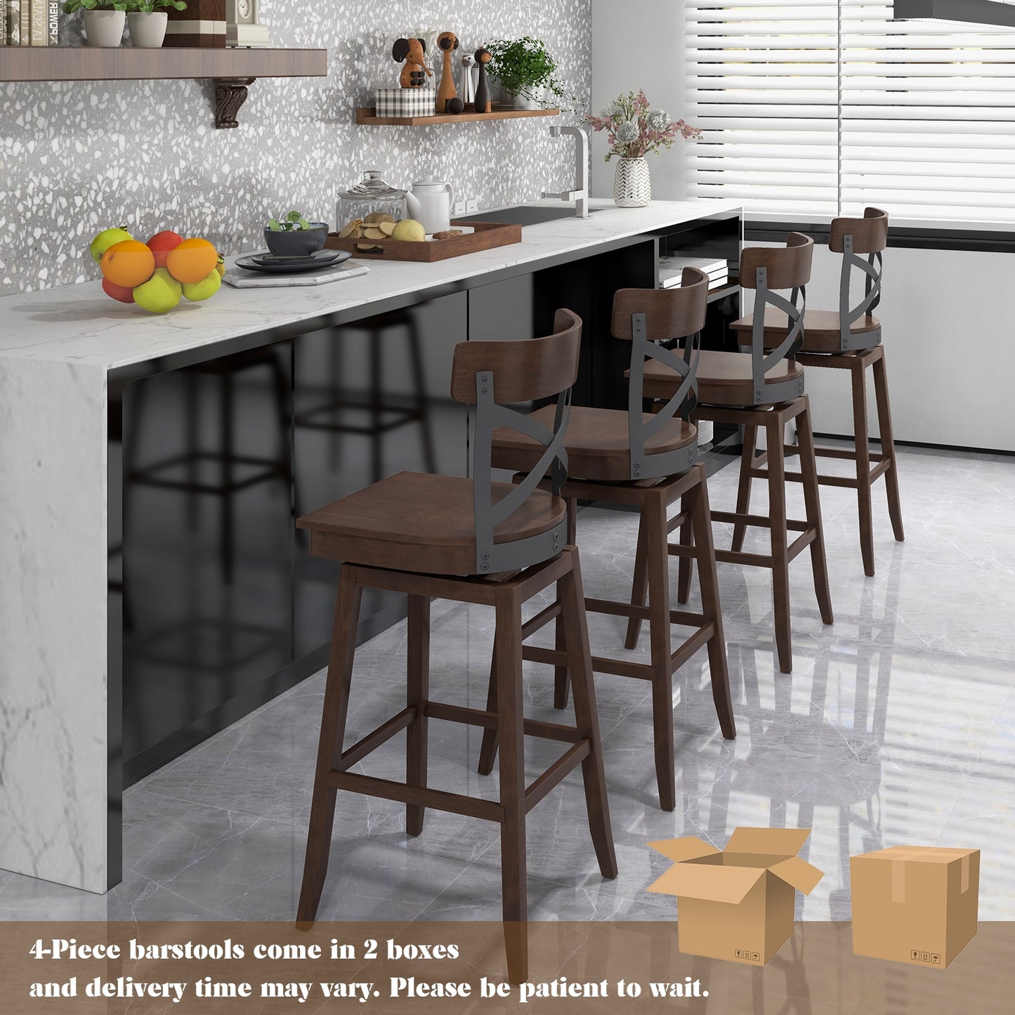 Set of 2 29 Inch Wooden Swivel Bar Stools with X-Back Design and Built-In Footrest