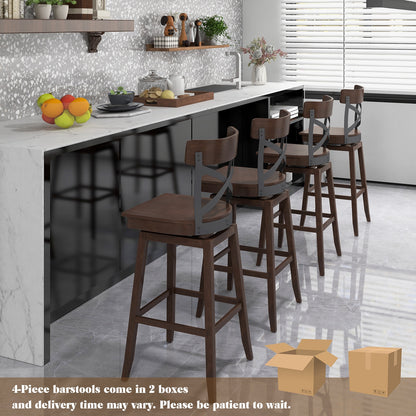 Set of 2 29 Inch Wooden Swivel Bar Stools with X-Back Design and Built-In Footrest