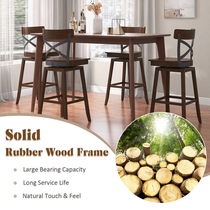 Set of 2 29 Inch Wooden Swivel Bar Stools with X-Back Design and Built-In Footrest