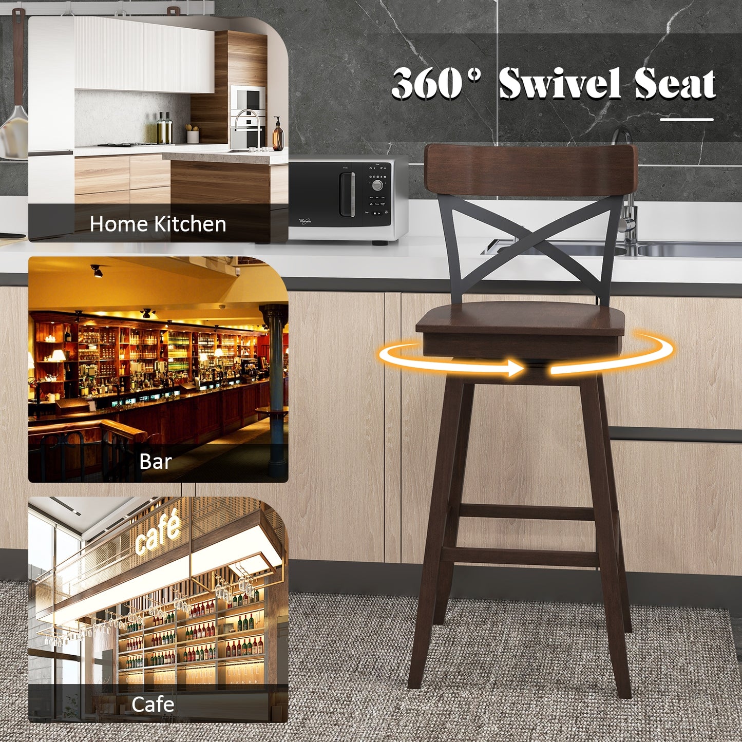 Set of 2 29 Inch Wooden Swivel Bar Stools with X-Back Design and Built-In Footrest