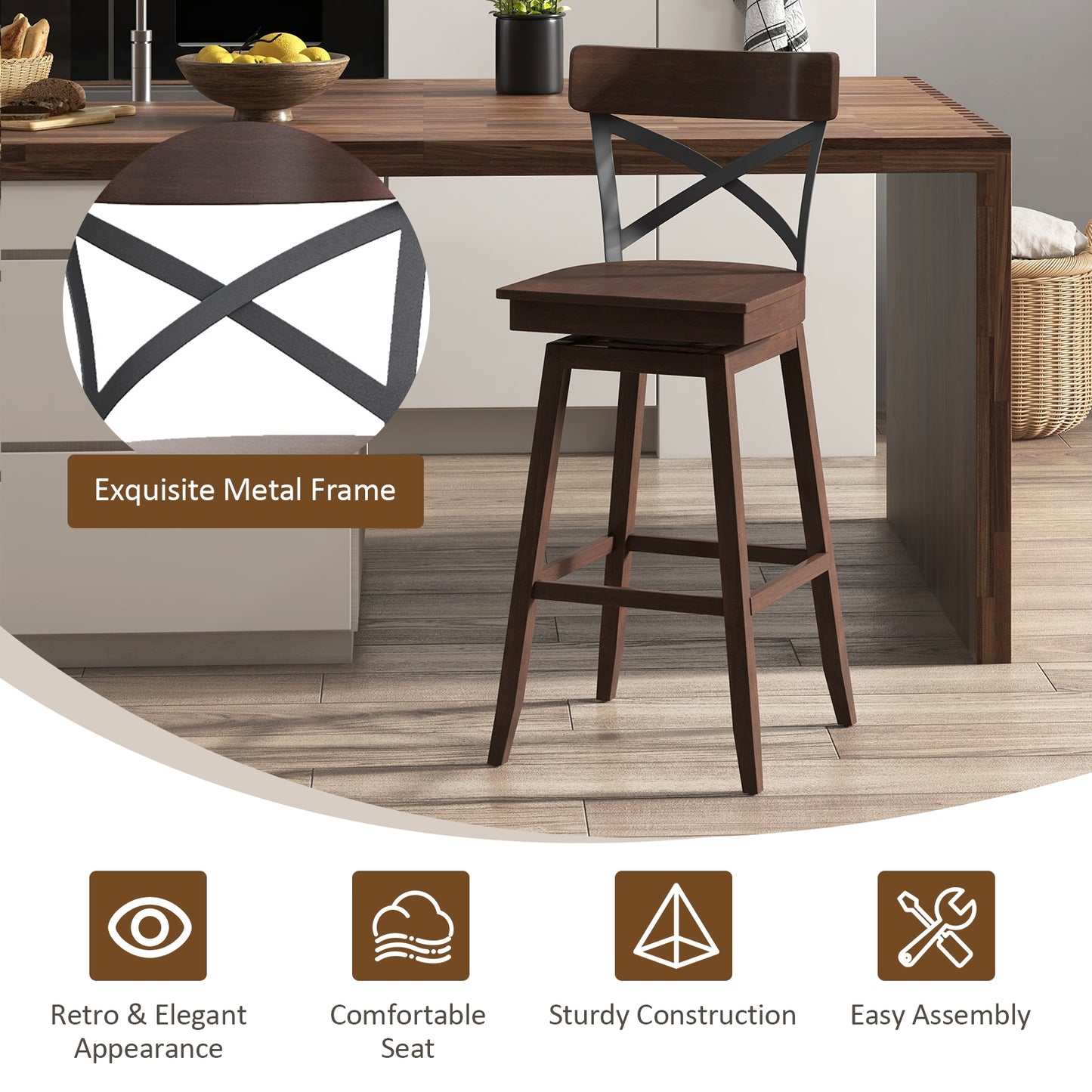 Set of 2 29 Inch Wooden Swivel Bar Stools with X-Back Design and Built-In Footrest