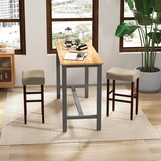 Set of 2 Upholstered 29 Inch Bar Stools with Beige Linen Seats and Solid Rubber Wood Legs