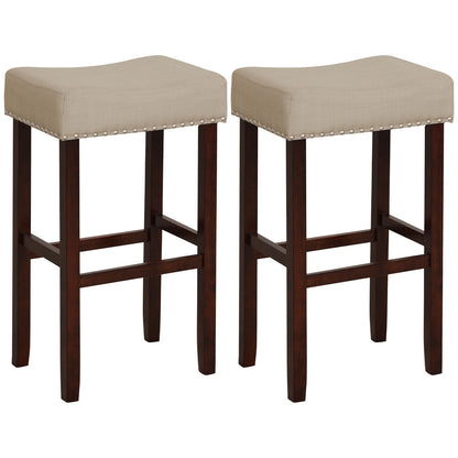 Set of 2 Upholstered 29 Inch Bar Stools with Beige Linen Seats and Solid Rubber Wood Legs