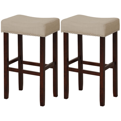 Set of 2 Upholstered 29 Inch Bar Stools with Beige Linen Seats and Solid Rubber Wood Legs