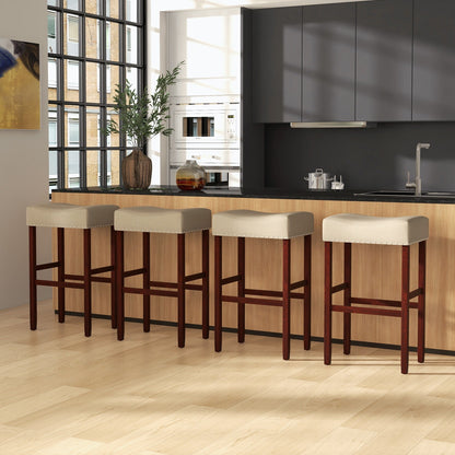 Set of 2 Upholstered 29 Inch Bar Stools with Beige Linen Seats and Solid Rubber Wood Legs