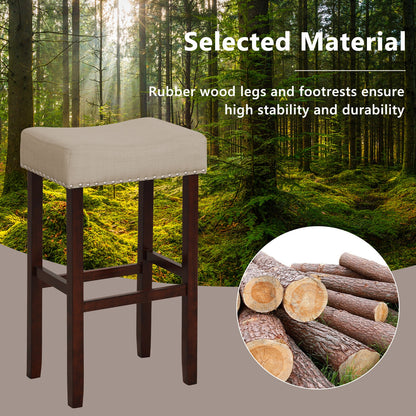 Set of 2 Upholstered 29 Inch Bar Stools with Beige Linen Seats and Solid Rubber Wood Legs