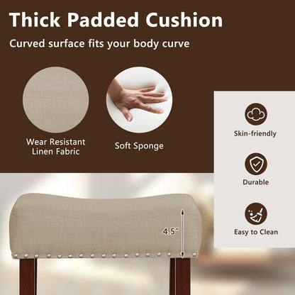 Set of 2 Upholstered 29 Inch Bar Stools with Beige Linen Seats and Solid Rubber Wood Legs