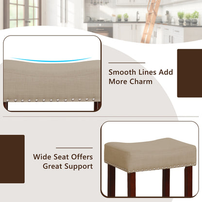 Set of 2 Upholstered 29 Inch Bar Stools with Beige Linen Seats and Solid Rubber Wood Legs