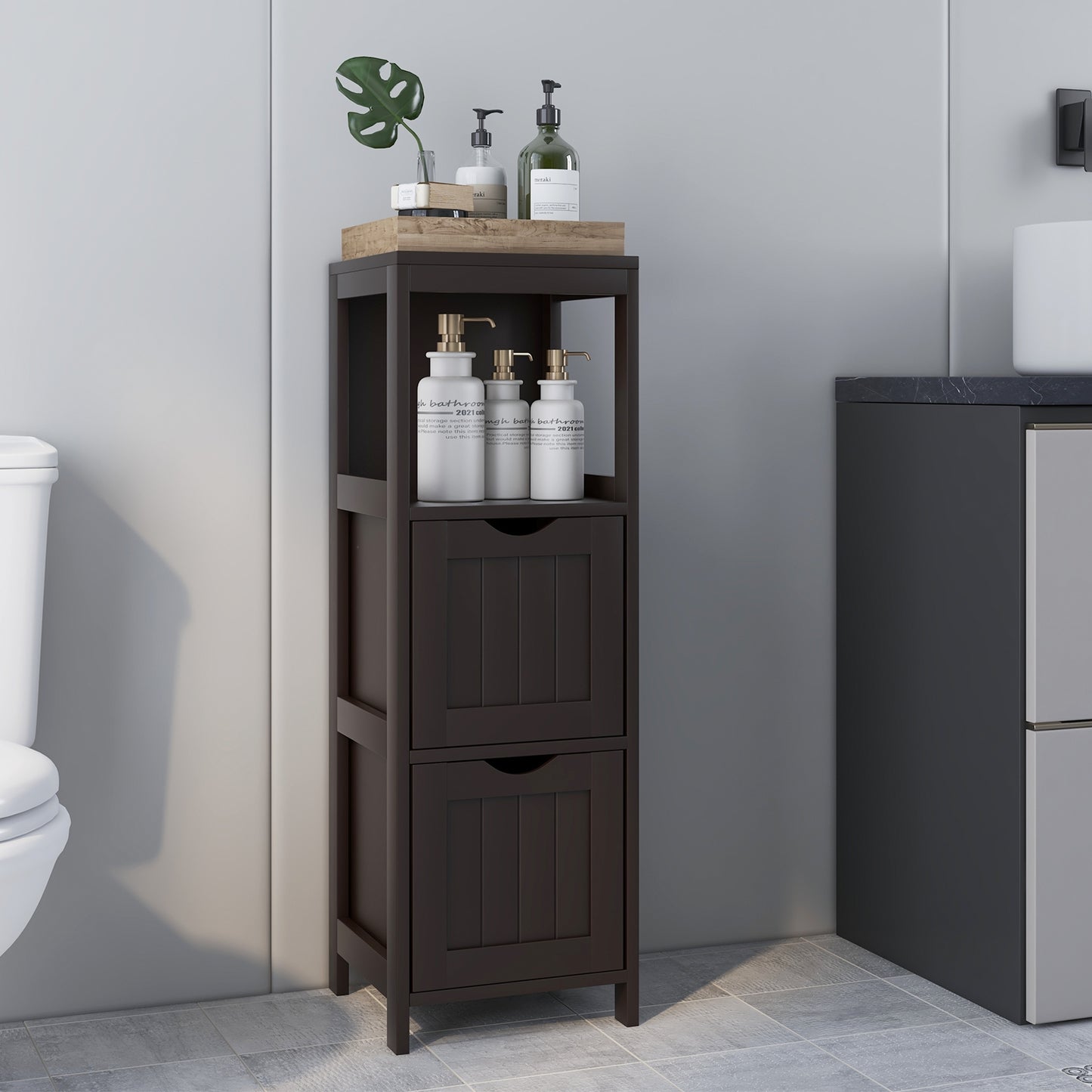 Modern Wooden Bathroom Cabinet with Removable Drawers and Open Storage Shelf