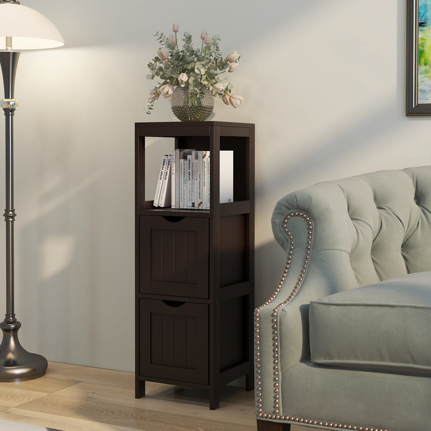Modern Wooden Bathroom Cabinet with Removable Drawers and Open Storage Shelf