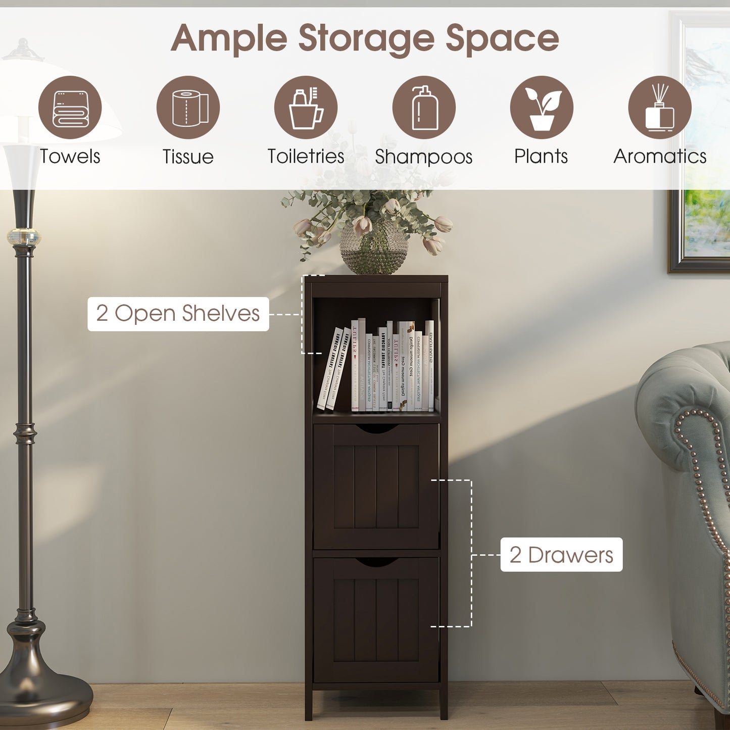 Modern Wooden Bathroom Cabinet with Removable Drawers and Open Storage Shelf