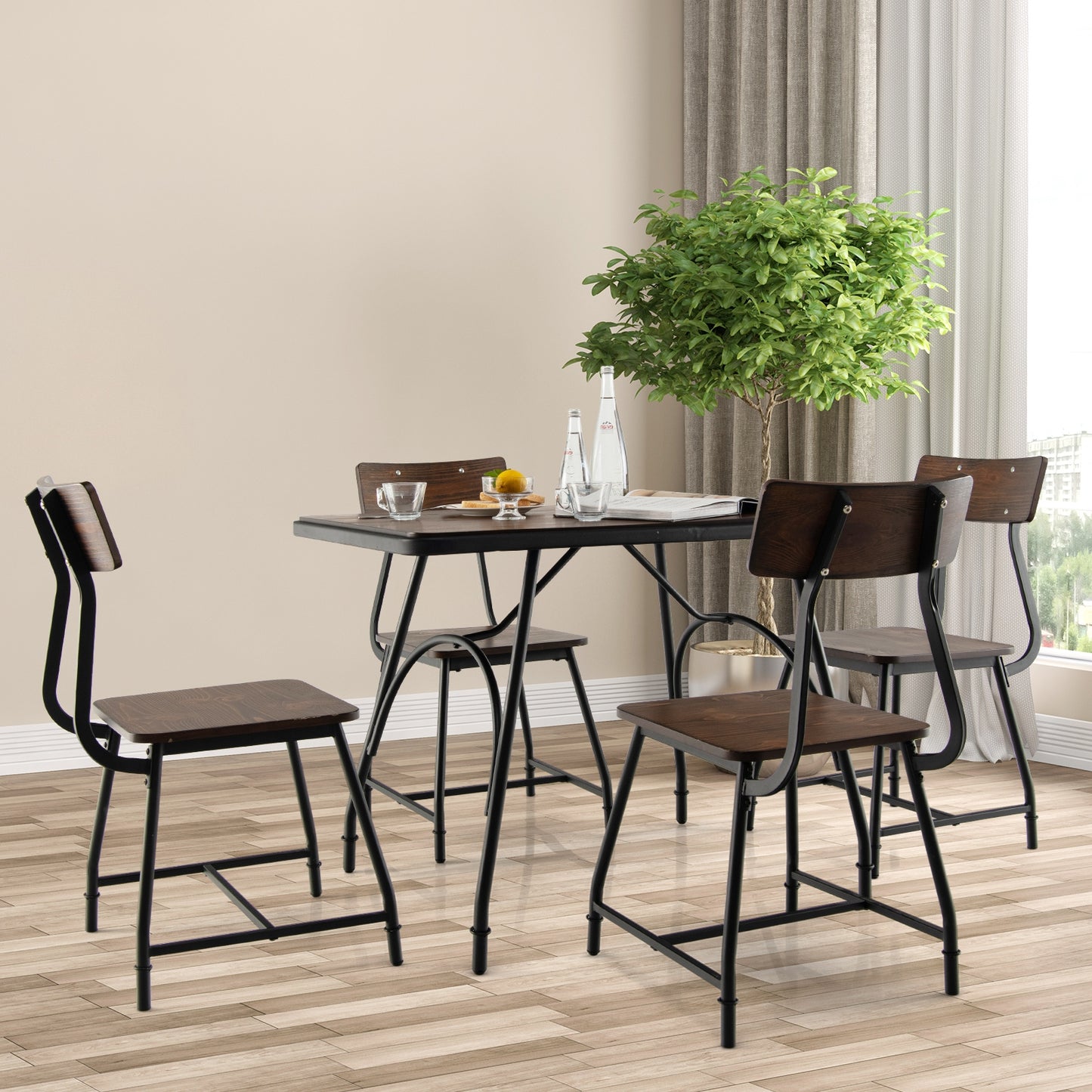 Industrial Rectangular Dining Table with Steel Frame and Wood Finish Top