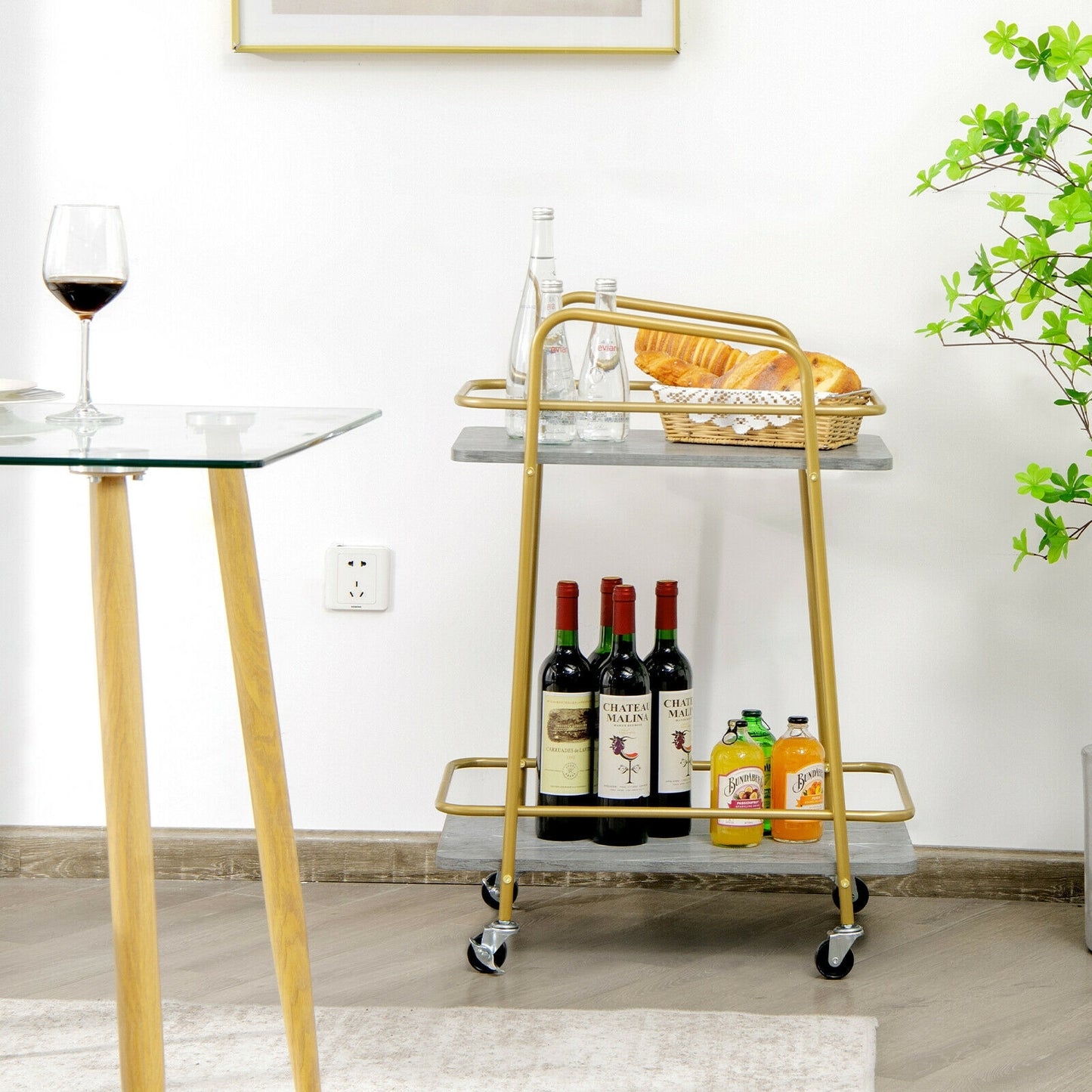 2-Tier Rolling Kitchen Cart with Durable Steel Frame and Locking Wheels
