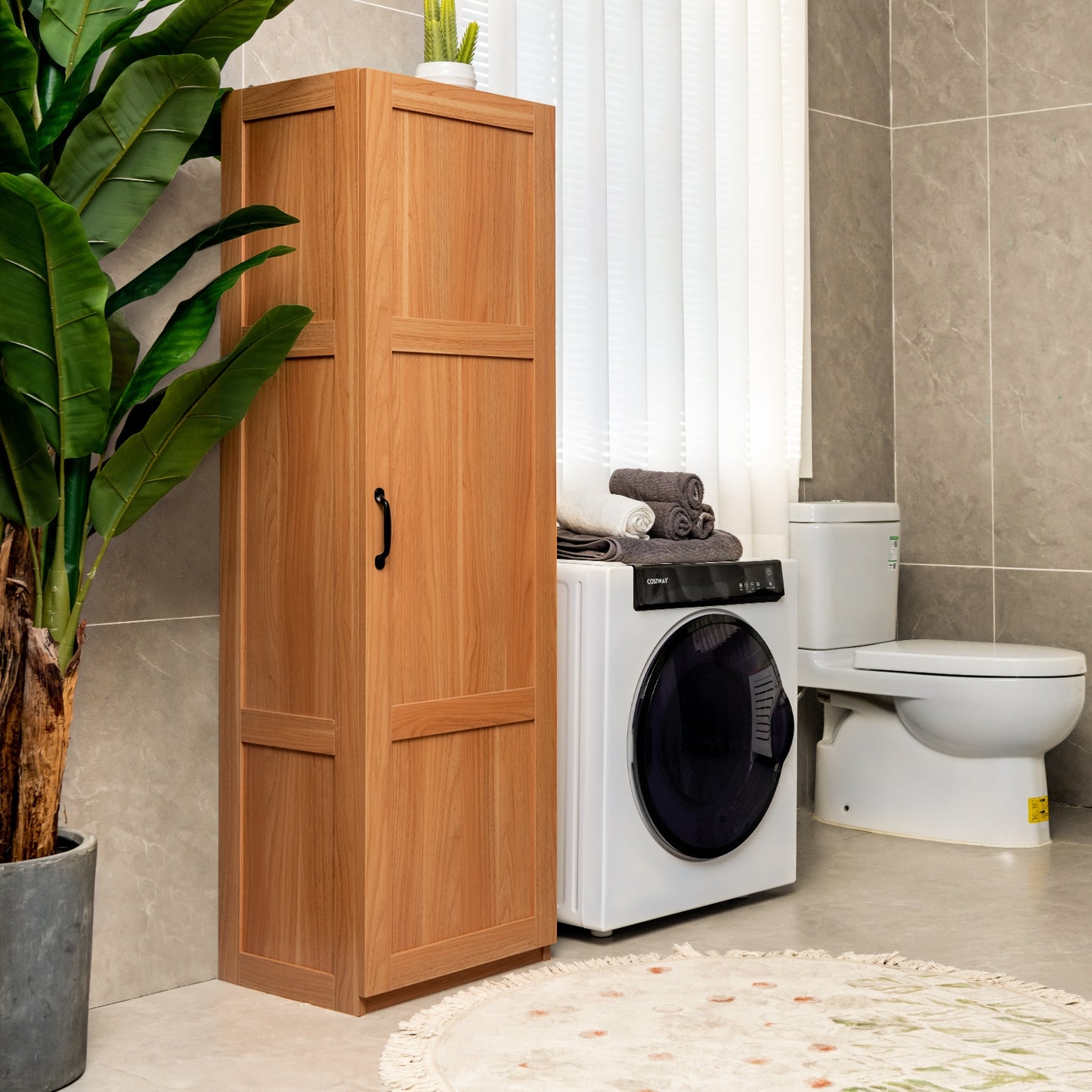 Tall Freestanding Storage Cabinet with 4 Shelves, Anti-Tip Kit & Elegant Farmhouse Design