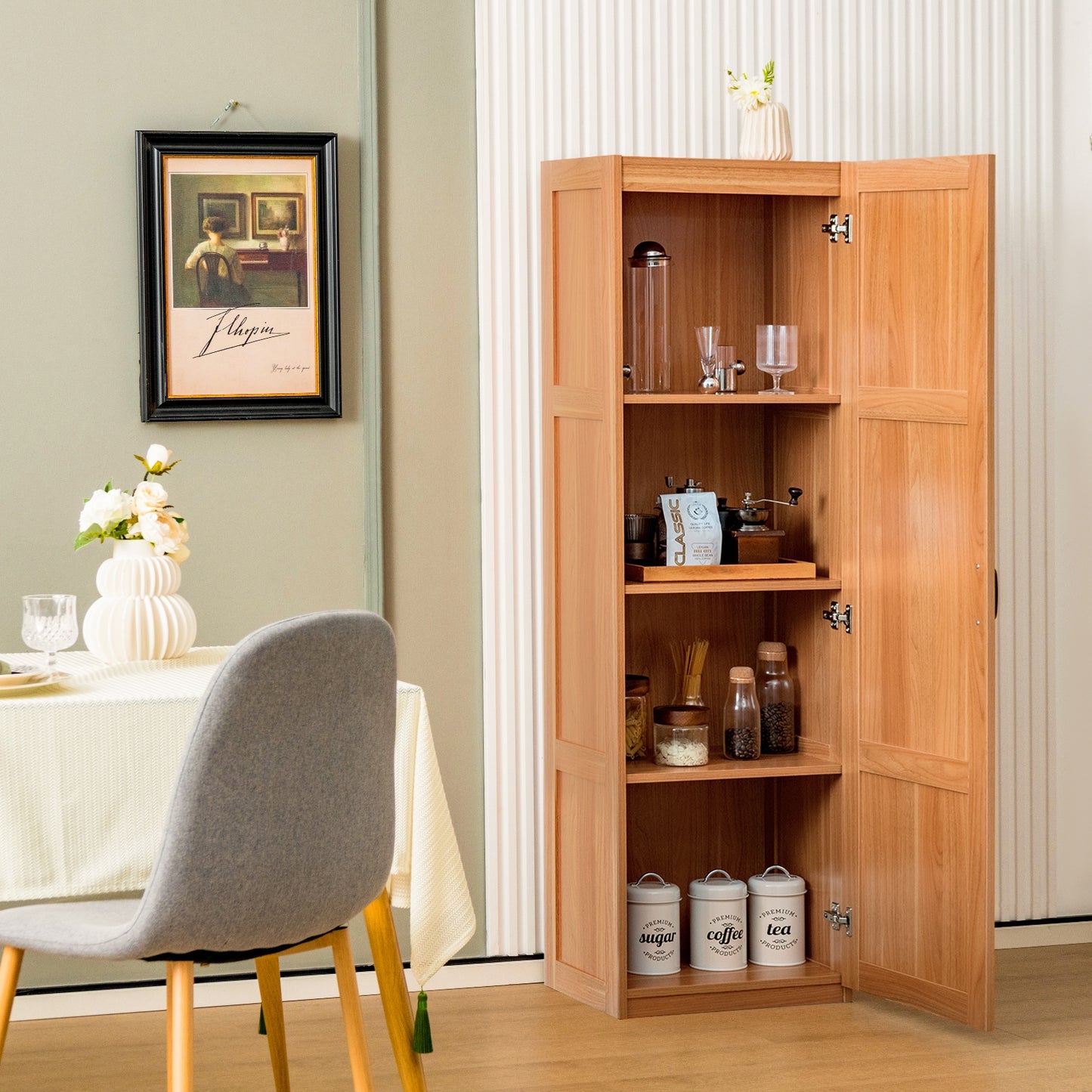 Tall Freestanding Storage Cabinet with 4 Shelves, Anti-Tip Kit & Elegant Farmhouse Design