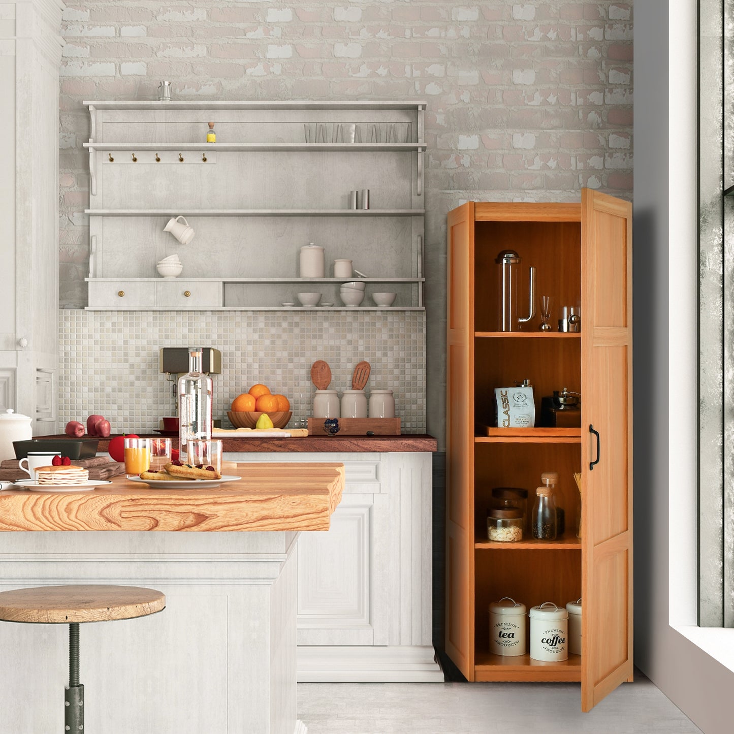 Tall Freestanding Storage Cabinet with 4 Shelves, Anti-Tip Kit & Elegant Farmhouse Design