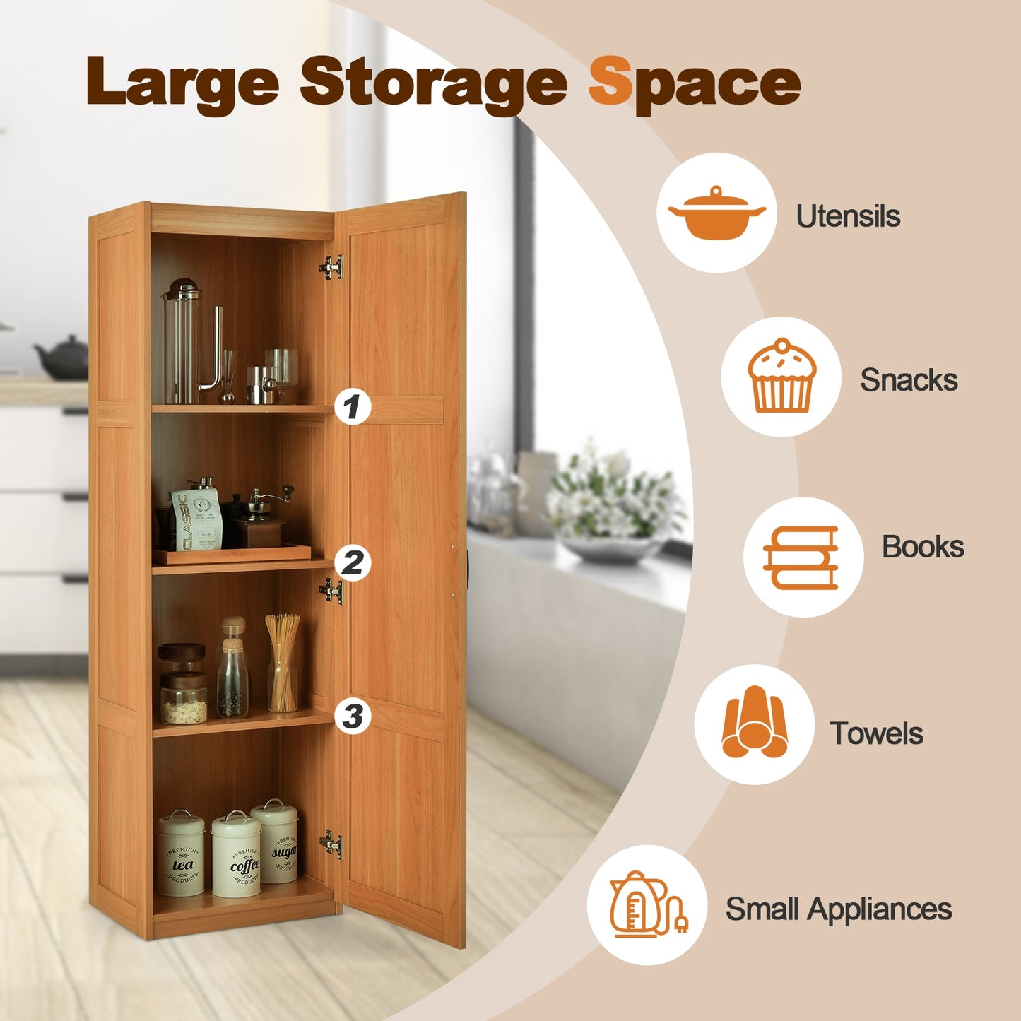 Tall Freestanding Storage Cabinet with 4 Shelves, Anti-Tip Kit & Elegant Farmhouse Design