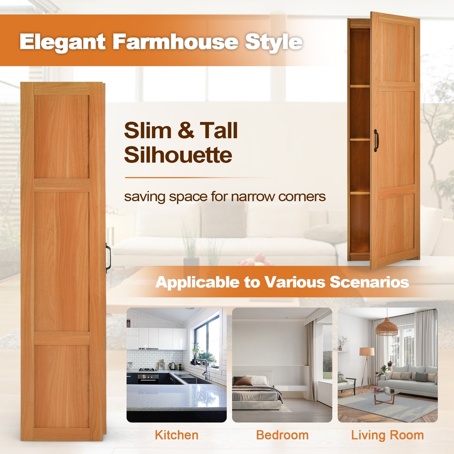 Tall Freestanding Storage Cabinet with 4 Shelves, Anti-Tip Kit & Elegant Farmhouse Design