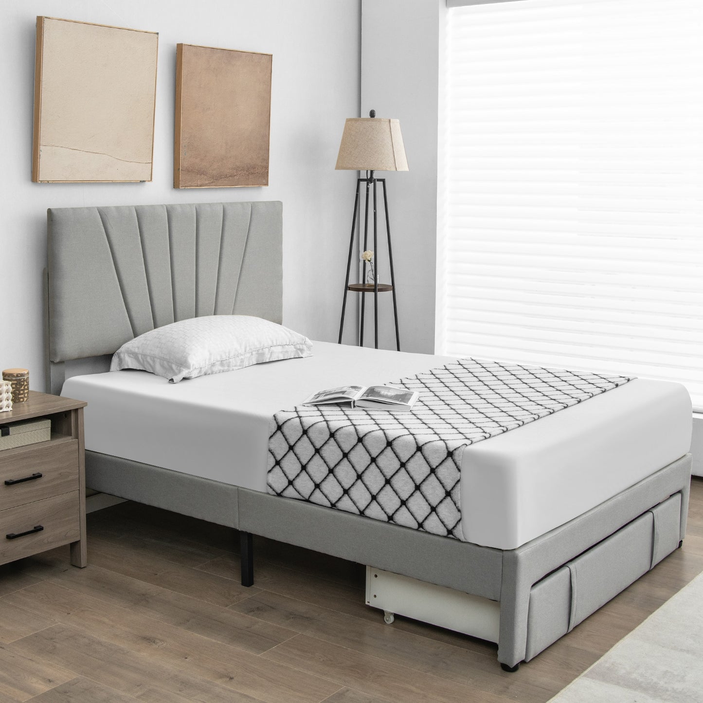 Elegant Upholstered Bed Frame with Storage Drawer and Adjustable Headboard - Full/Queen Size