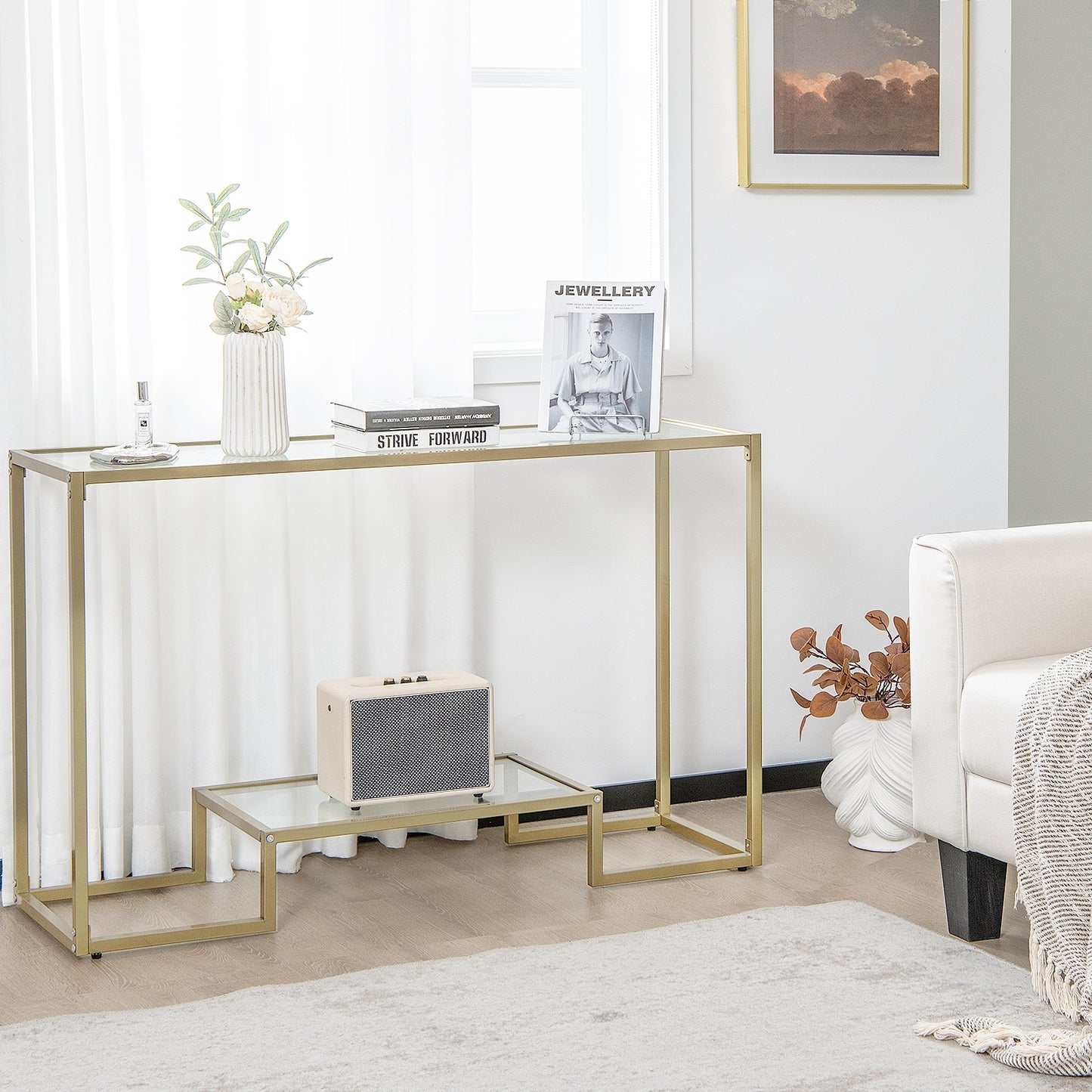 Elegant 48 Inch Gold Frame Console Table with Two Glass Shelves for Stylish Hallway Storage