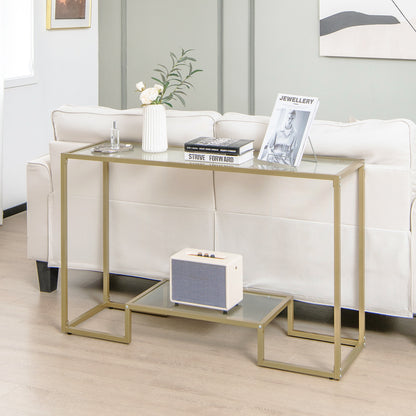 Elegant 48 Inch Gold Frame Console Table with Two Glass Shelves for Stylish Hallway Storage