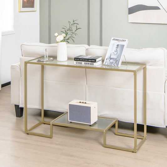 Elegant 48 Inch Gold Frame Console Table with Two Glass Shelves for Stylish Hallway Storage