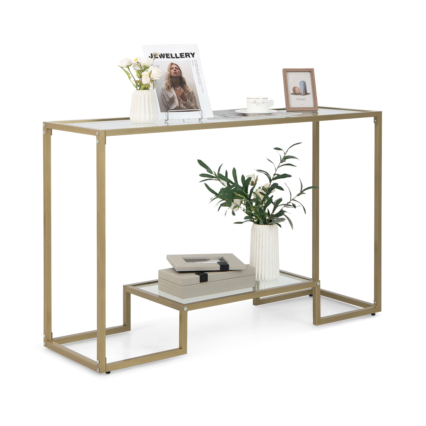 Elegant 48 Inch Gold Frame Console Table with Two Glass Shelves for Stylish Hallway Storage