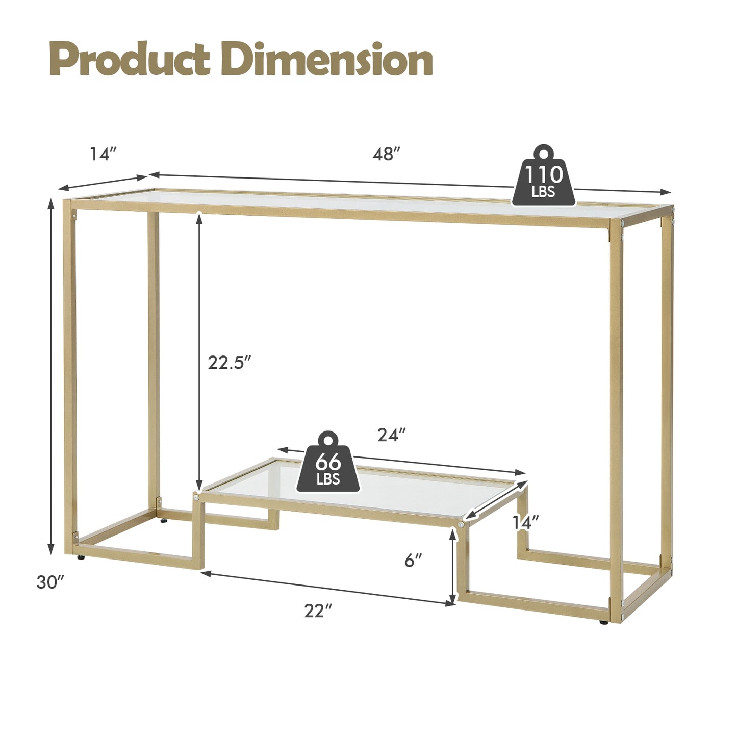 Elegant 48 Inch Gold Frame Console Table with Two Glass Shelves for Stylish Hallway Storage