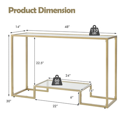 Elegant 48 Inch Gold Frame Console Table with Two Glass Shelves for Stylish Hallway Storage