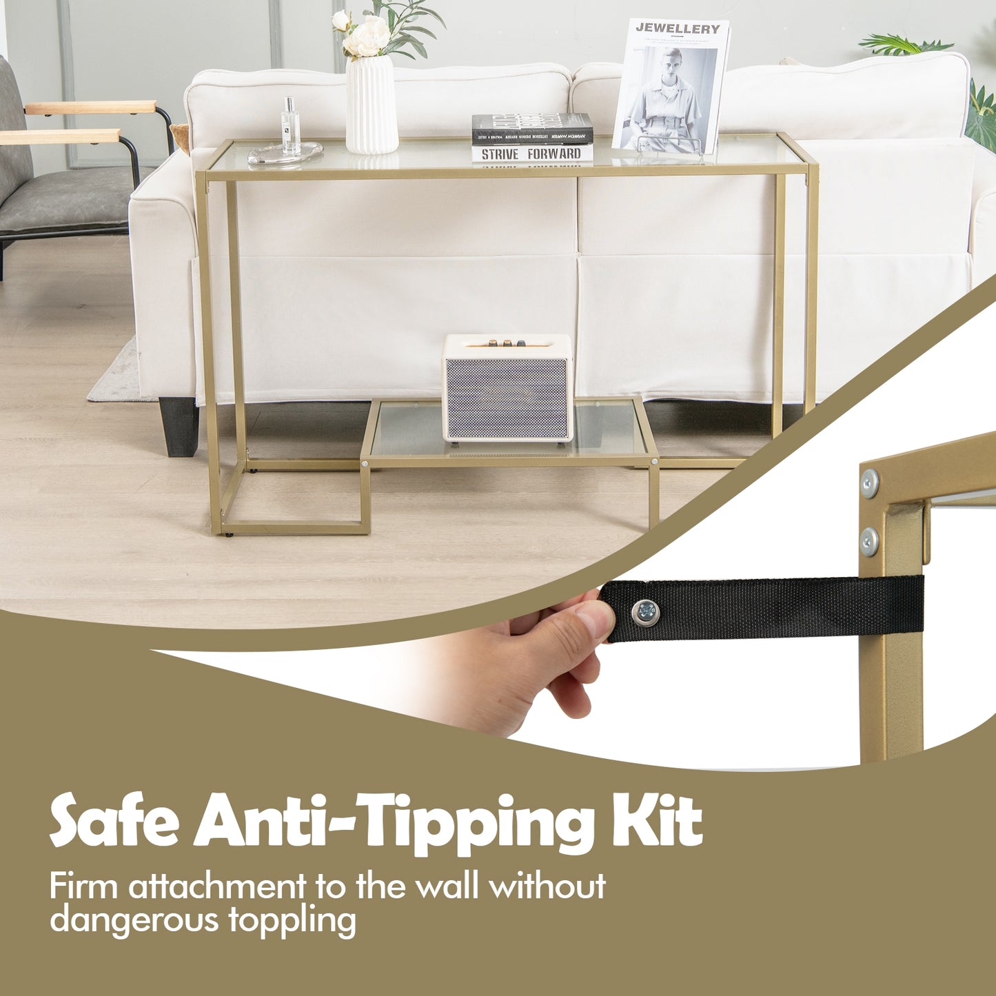 Elegant 48 Inch Gold Frame Console Table with Two Glass Shelves for Stylish Hallway Storage