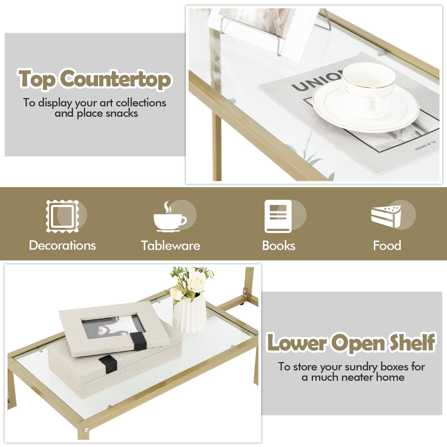 Elegant 48 Inch Gold Frame Console Table with Two Glass Shelves for Stylish Hallway Storage
