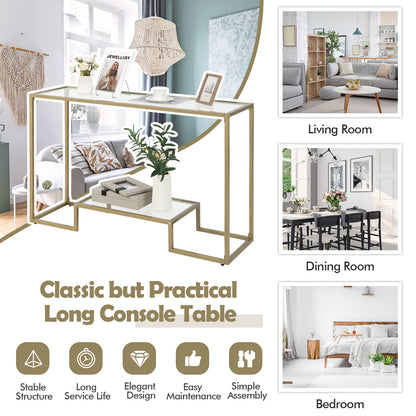 Elegant 48 Inch Gold Frame Console Table with Two Glass Shelves for Stylish Hallway Storage