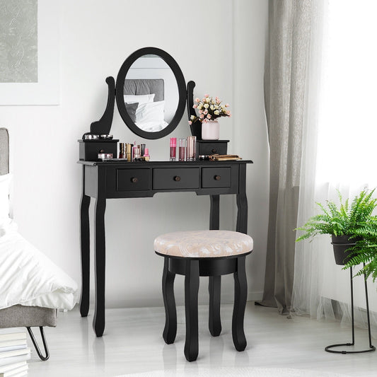 Wooden Vanity Makeup Table Set with Padded Stool, Spacious Storage & 360° Adjustable Mirror