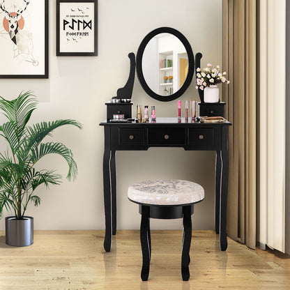 Wooden Vanity Makeup Table Set with Padded Stool, Spacious Storage & 360° Adjustable Mirror