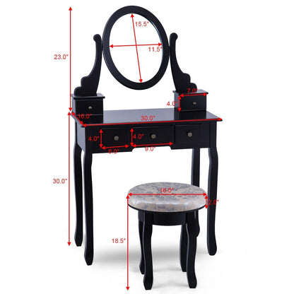 Wooden Vanity Makeup Table Set with Padded Stool, Spacious Storage & 360° Adjustable Mirror
