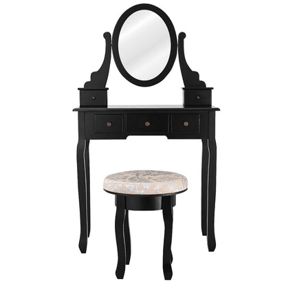 Wooden Vanity Makeup Table Set with Padded Stool, Spacious Storage & 360° Adjustable Mirror