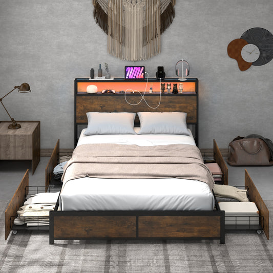 Smart LED Light Bed Frame with Storage Drawers - Full Size