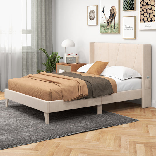 Upholstered Bed Frame with Modern Geometric Wingback Headboard – Full/Queen Size