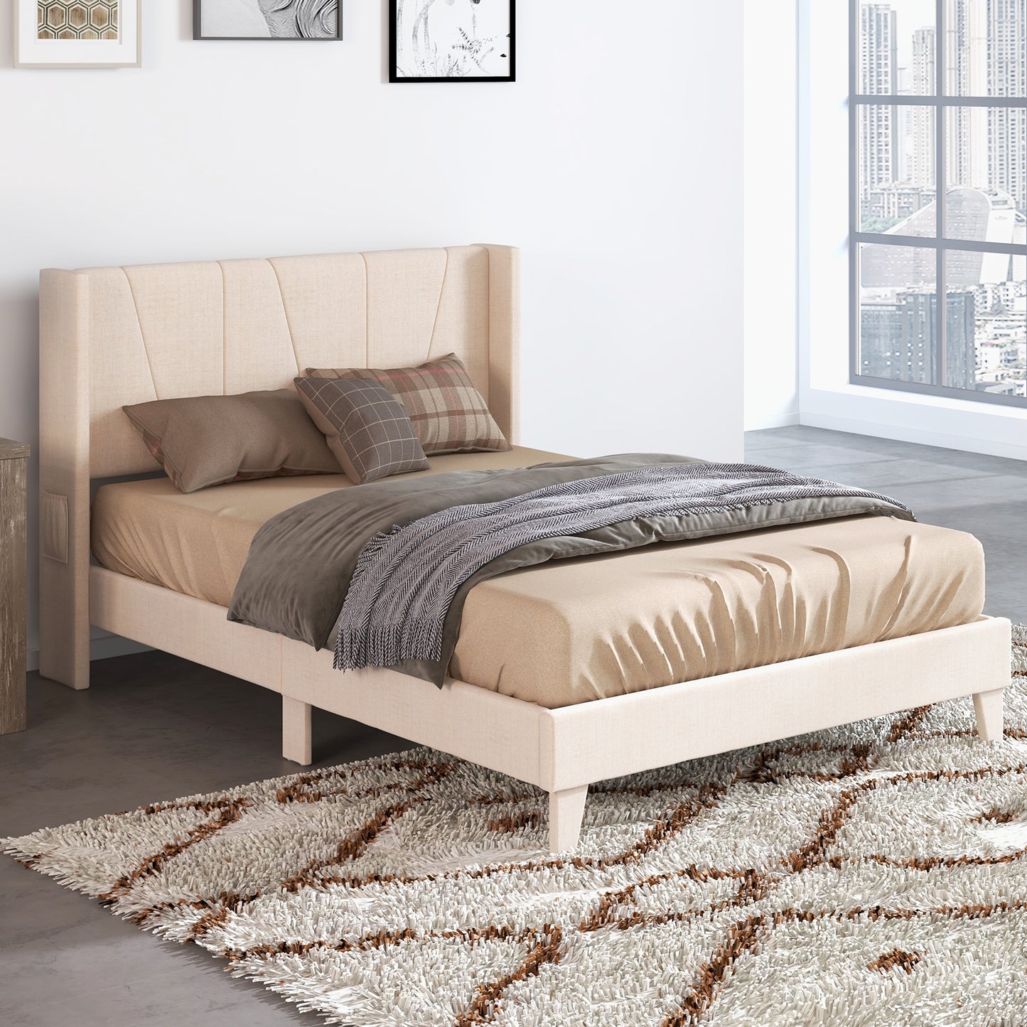 Upholstered Bed Frame with Modern Geometric Wingback Headboard – Full/Queen Size